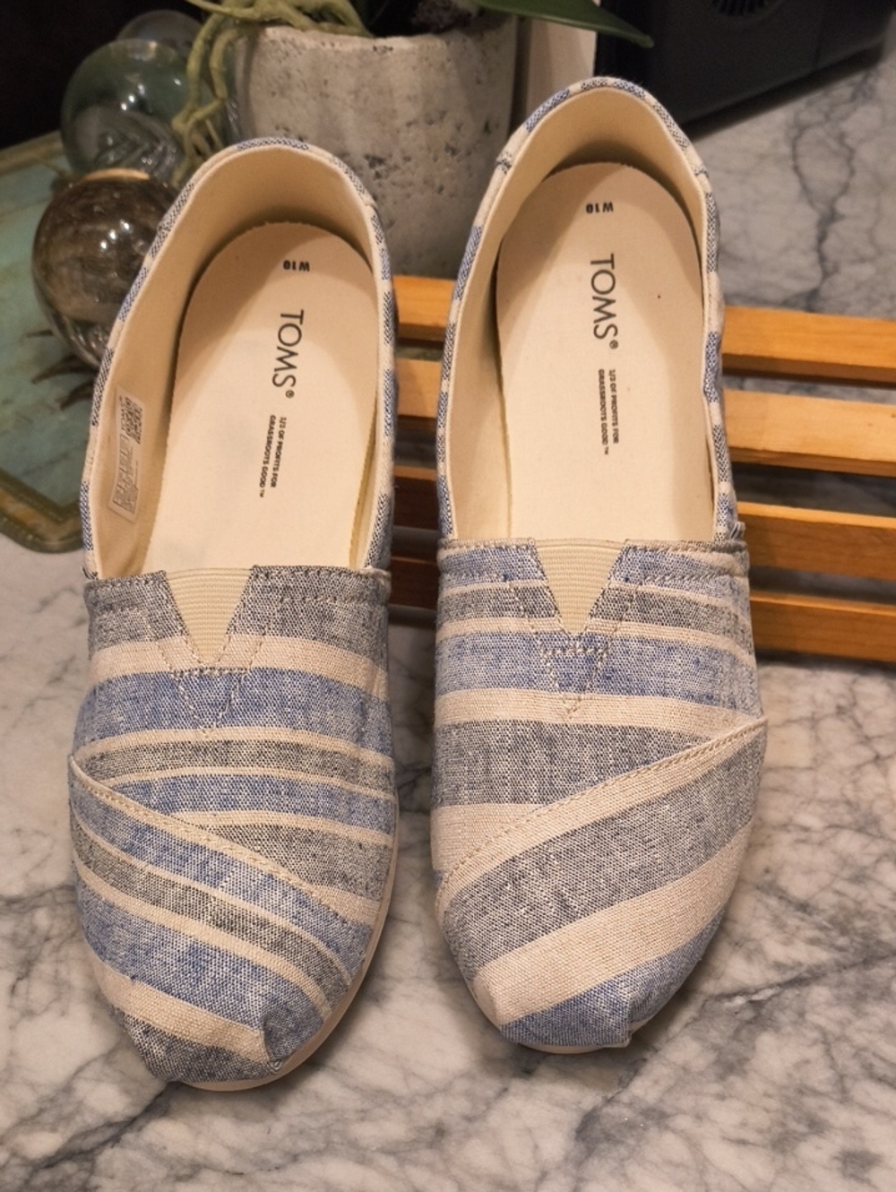 Toms Blue and Cream Striped Canvas Slip-Ons (Women)